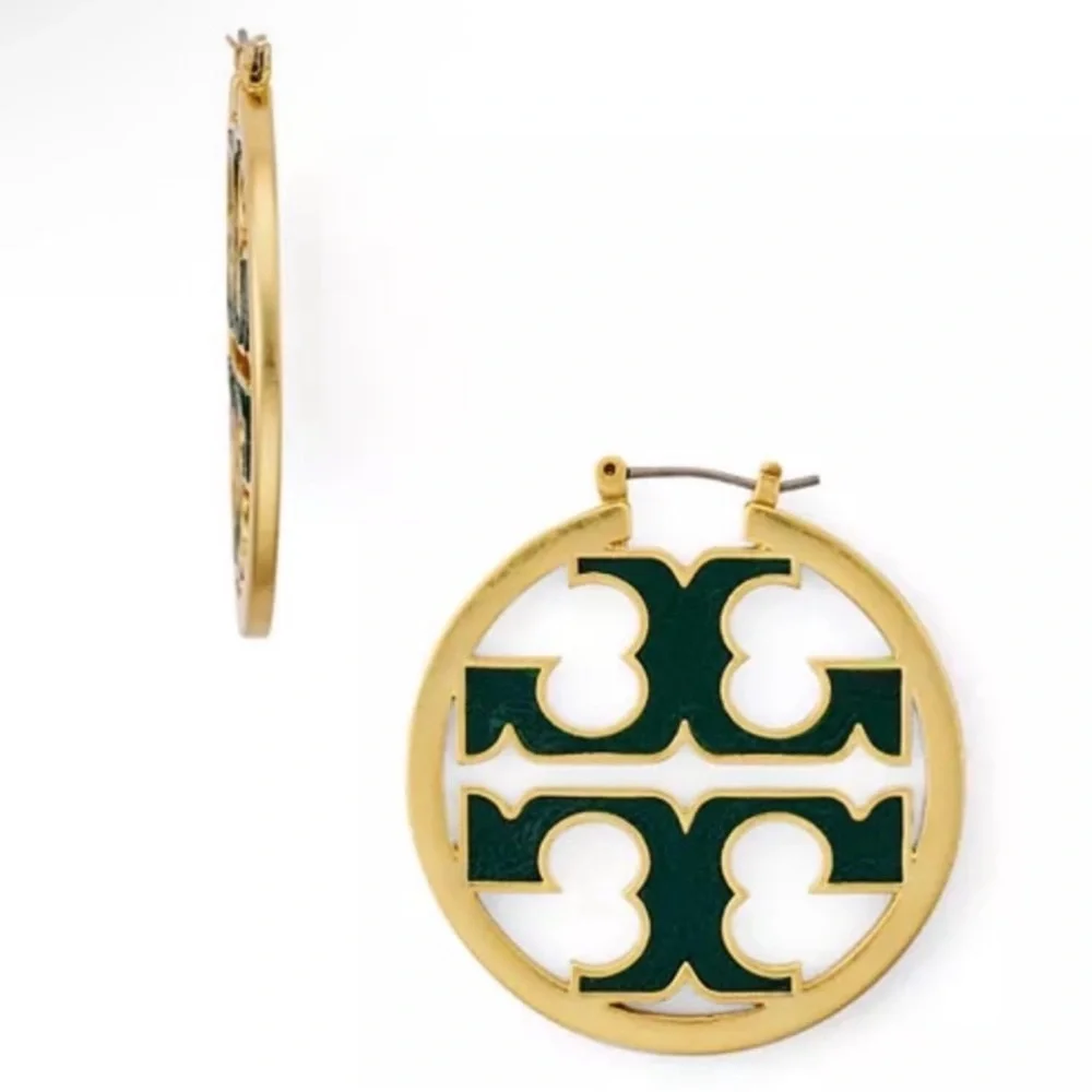 TORY BURCH Miller Equestrian Green Enamel Hoops NEW $158
